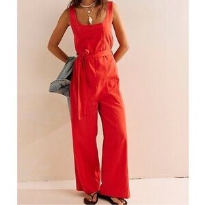 NWT, Free People Free-Est Kirstie Red Wide Leg Crisscross Cotton Jumpsuit, Small